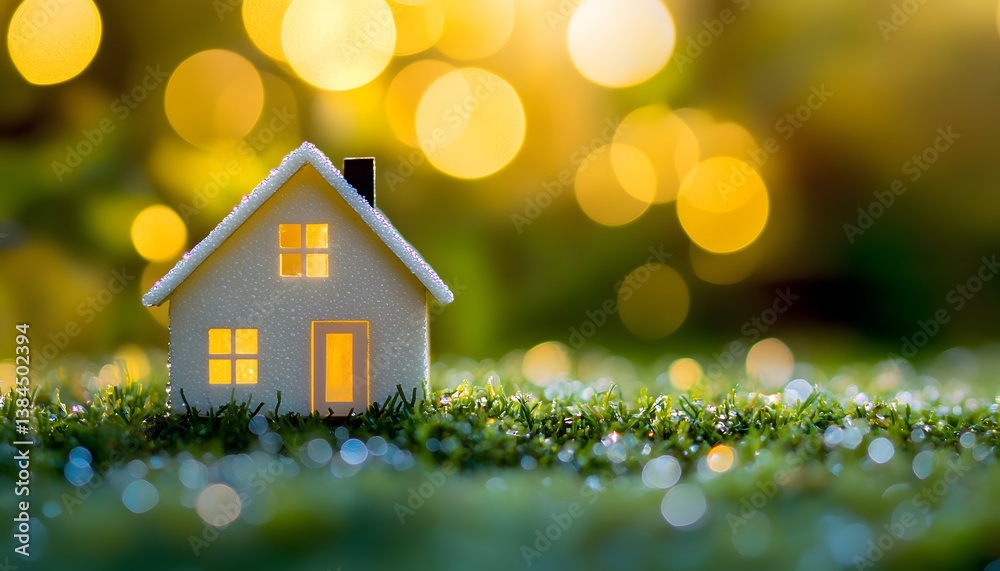 Aufkleber miniature house model with warm light and bokeh background