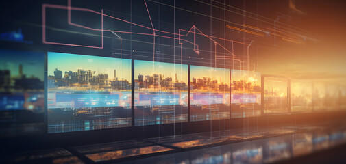 A modern cityscape is displayed on adjacent screens in a darkened room, with faint data overlays enhancing the futuristic feel.