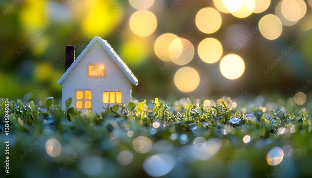 Poster miniature house on green grass with soft glowing bokeh lights