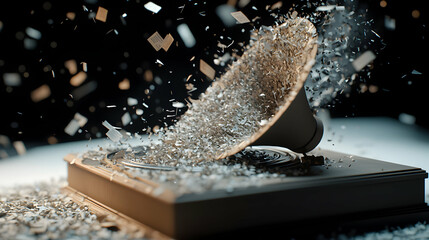 Shattered Speaker on Book: Brown Speaker Exploding into White and Grey Particles