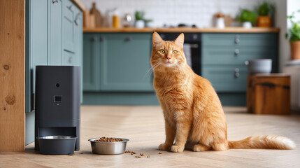 Orange cat sitting by pet feeder with digital timer in cozy kitchen