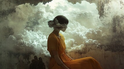 Obraz premium Dreamy Surreal Woman in Yellow Dress, Clouds in Head