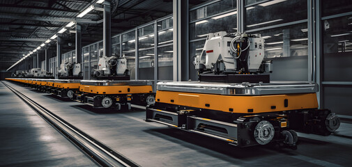 Automated Guided Vehicles (AGVs) transporting materials in a factory, providing a streamlined production process. Industrial Automation