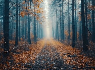 Obraz premium Beautiful forest landscape in autumn with leaves on the ground and trees, with a dirt path leading through the forest. Stock photo contest winner, high resolution, in raw style. 