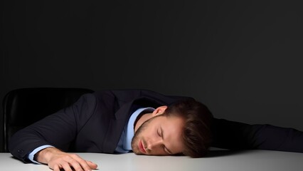 Exhausted professional slumps at desk corporate office emotion dark environment close-up burnout awareness