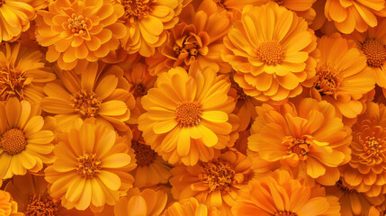 Bright marigold flowers create vibrant and cheerful display, showcasing their rich orange hues and intricate petal designs