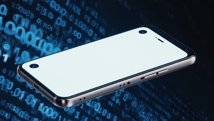 Modern smartphone against a backdrop of binary code