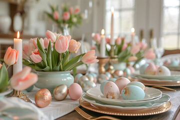 candles and flowers, Elegant Easter brunch table with pastel eggs, tulips, candles, and gold accents in soft lighting.