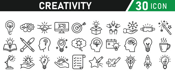 Creativity icon set. Creative idea, solution, thinking and innovation icons. Lightbulb with brain symbol vector illustration