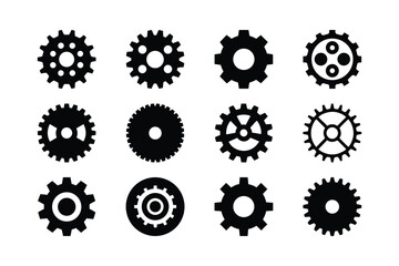 Collection of Simple Black Gears on White Background