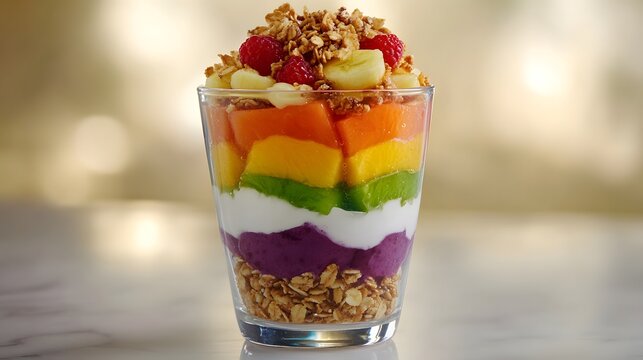 54. A colorful fruit parfait layered with yogurt and granola in a glass cup