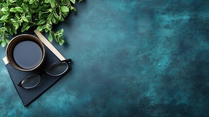 Coffee and glasses on book by green plant. Blue textured backdrop, flat lay still life study