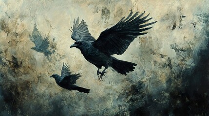 Fototapeta premium Three Crows in Flight: A Dark and Dramatic Painting