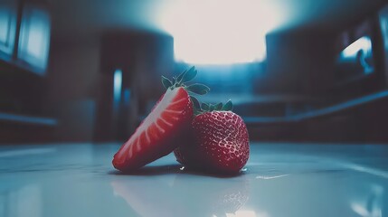 Two strawberries one cut on a surface