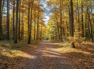 Fototapeta premium Beautiful forest landscape in autumn with trees and leaves on the ground, wide path in the middle of the forest, sunny day, nature background. Stock photo, copy space, high resolution, very detailed. 
