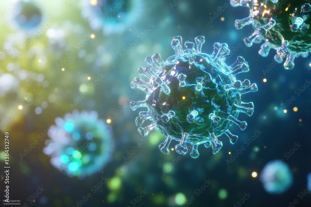 Aufkleber detailed 3d representation of adeno-associated virus showcasing bioluminescent properties in a fluid