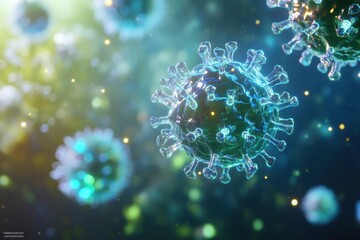 Obraz premium Detailed 3D representation of adeno-associated virus showcasing bioluminescent properties in a fluidic environment with scientific precision