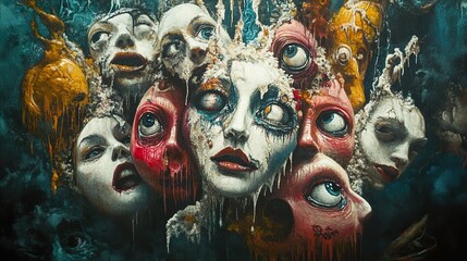 Surreal Faces: A Dark and Dreamlike Painting