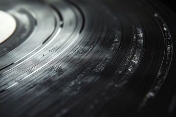 Close-up of a vinyl record's grooves, showcasing texture and detail of an analog music format.