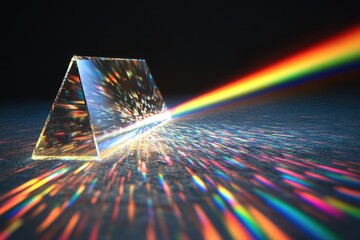 A triangular prism refracts light, dispersing it into a spectrum of vibrant colors, showcasing the beauty of light's wave nature.