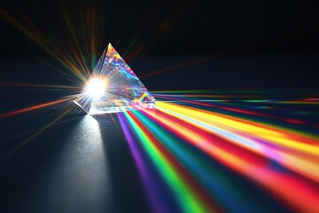 A triangular prism refracts light, creating a vibrant spectrum of colors radiating outwards.