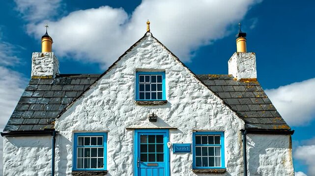 Charming Whitewashed Cottage with Blue Accents under a Bright Sky
