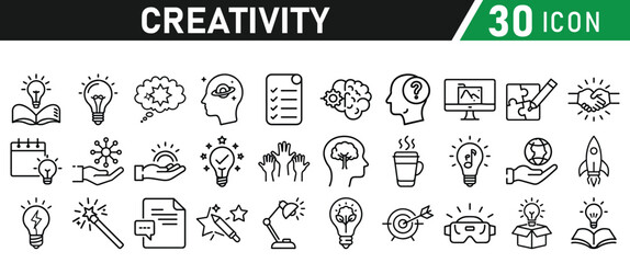 Creativity icon set. Creative idea, solution, thinking and innovation icons. Lightbulb with brain symbol vector illustration