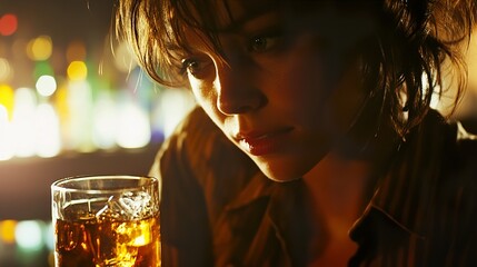 Woman Drinking Alone at a Bar: A Pensive Portrait