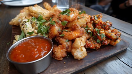 70. A platter of crispy fried calamari with a side of marinara sauce