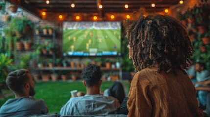 Obraz premium Backyard friends watch soccer game on large screen TV