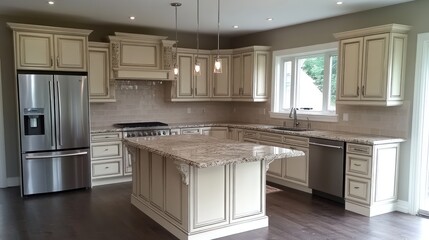 Elegant kitchen design with custom cabinetry and granite countertops featuring an island