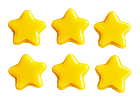  Shiny yellow stars aligned in two rows, glowing festive decoration for awards or celebrations, isolated on transparent background, cut out, close up, high quality, PNG file.
