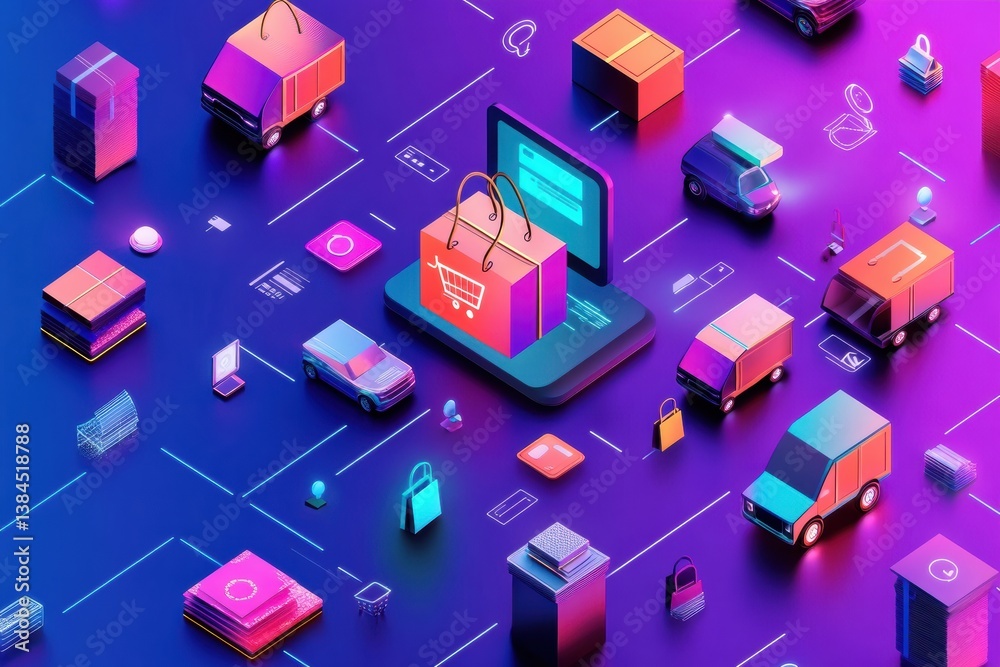 Poster modern abstract design with online shopping icons and delivery symbols in vibrant colors for digital