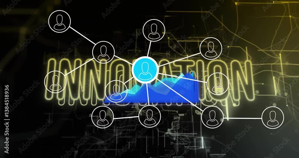 Poster network of connections and data processing animation over innovation text