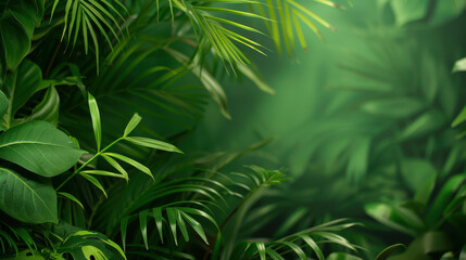 Lush tropical green foliage creates serene and vibrant atmosphere, perfect for nature themed designs