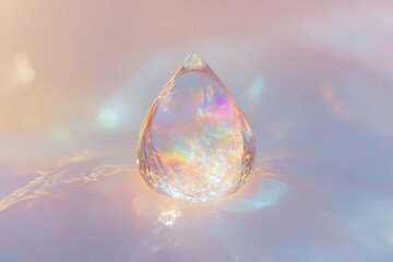A teardrop-shaped crystal reflects iridescent light, creating a dreamy, ethereal scene.