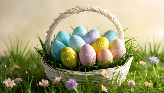the easter egg and grass in baslet