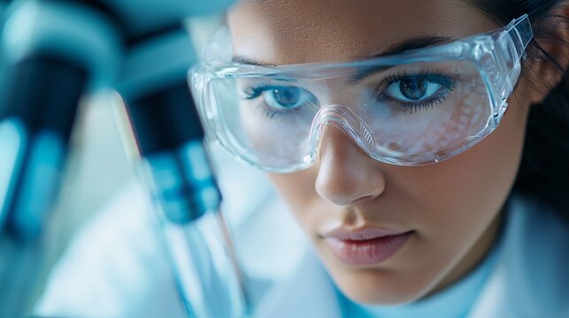 a woman in a lab coat and goggles holding a pipe tube with liquid in it - Powered by Adobe