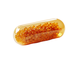Transparent capsule containing tiny orange beads, a modern supplement with controlled release design, isolated on transparent background, cut out, close up, high quality, PNG file