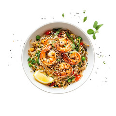  Pad Thai, stir-fried rice noodles with fresh water prawn served with vegetable, sprouts and lemon on white background