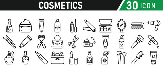 Cosmetic line icons set. Include icon - cream, collagen, mask, makeup lotion, serum, sunscreen outline pictogram for skincare product. Icons Collection
