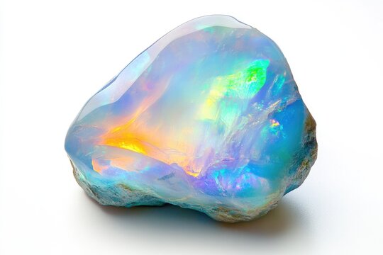 A mesmerizing raw opal displays vibrant iridescent colors, showcasing its unique play-of-color phenomenon.
