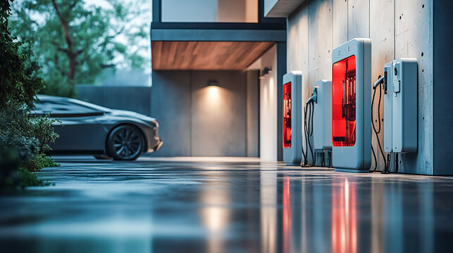 Concept of a home battery packs alternative electric energy storage system at modern home garage wall as backup or sustainable energy concepts