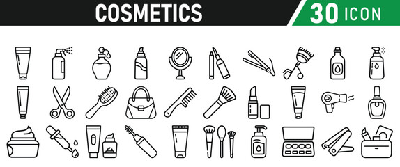 Cosmetic line icons set. Include icon - cream, collagen, mask, makeup lotion, serum, sunscreen outline pictogram for skincare product. Icons Collection