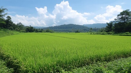 Obraz premium A lush green rice field under a bright blue sky with fluffy white clouds and a mountainous backdrop, showcasing the beauty of rural agriculture.