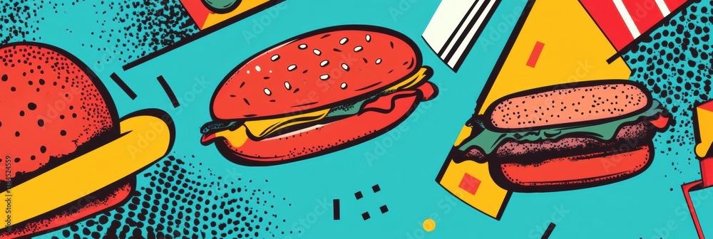 Poster colorful memphis-style pop-art background featuring abstract food shapes and geometric elements in v