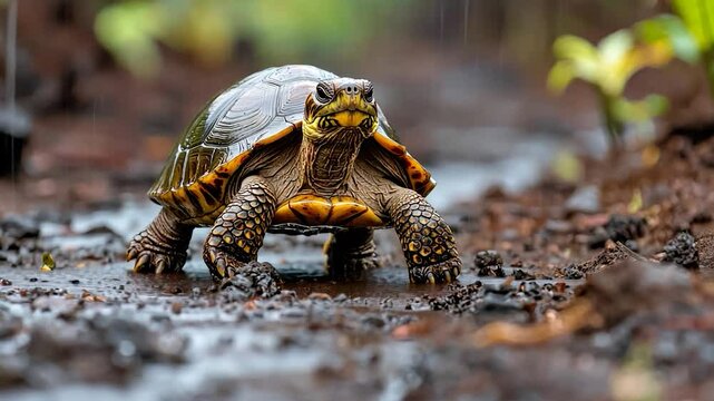 A determined Yellow-footed tortoise venturing through a dark forest trail after the rain.