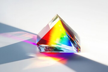 A glass pyramid refracts light, casting vibrant rainbow hues on a white surface.