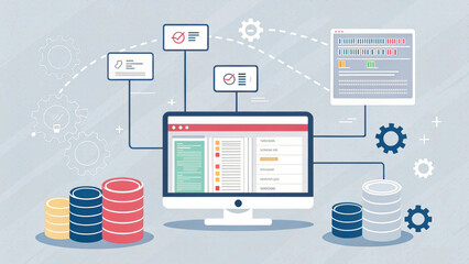 artistic visualization of full stack development, showcasing computer screen with data management, databases, and user interface elements. design conveys Coding Programmer developer development