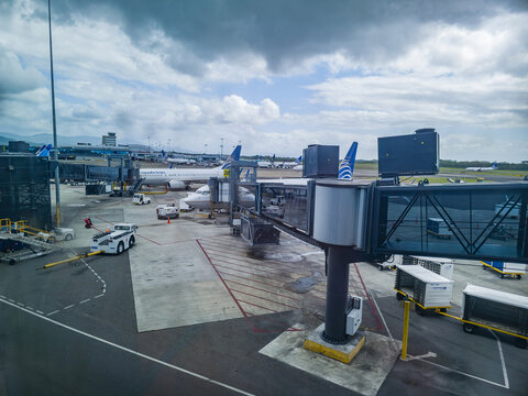 Copa Airlines Panama airplane waits at  gate at Terminal 2 at Tocumen International Airport, Panama